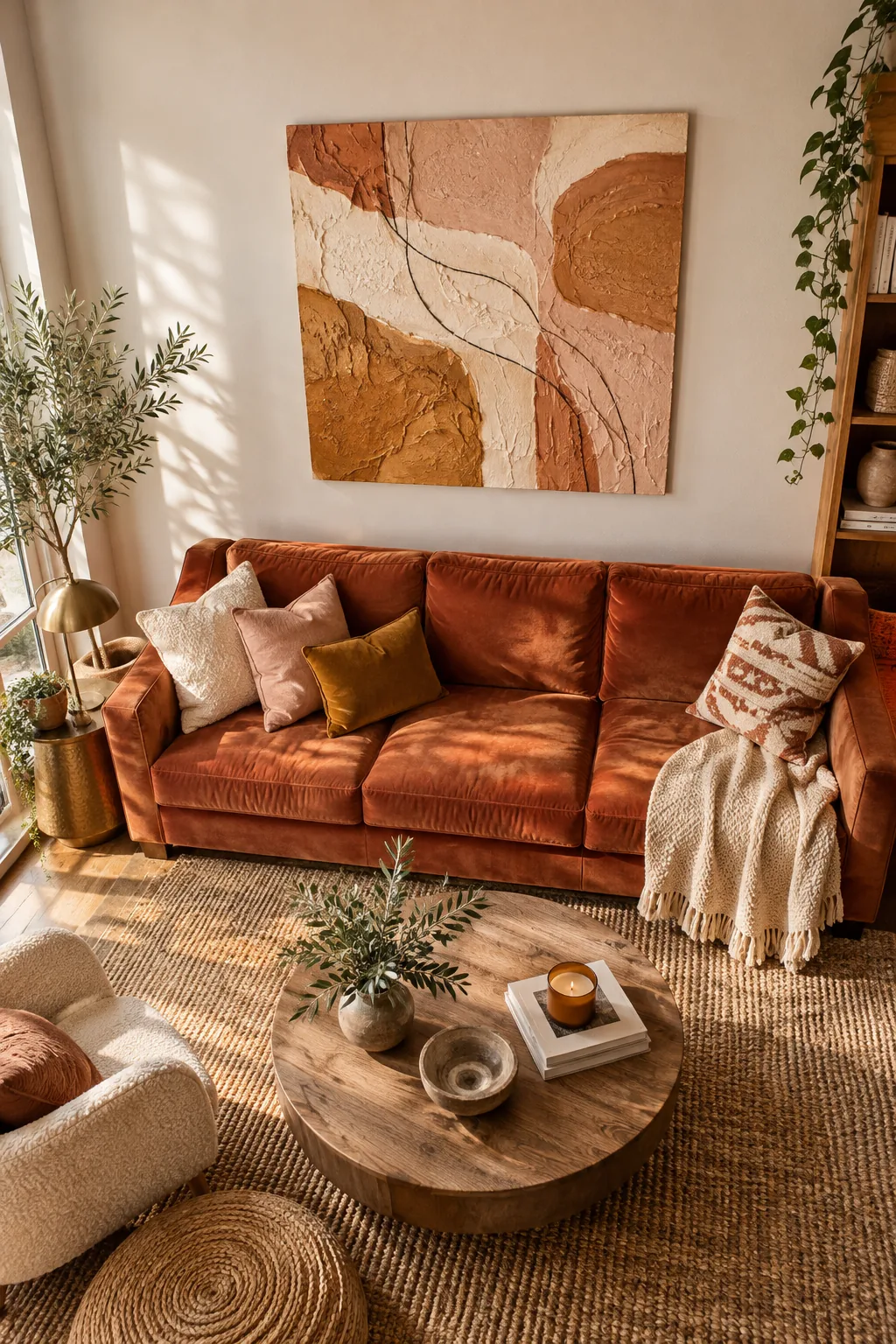 Abstract canvas in terracotta and ochre hanging above a matching terracotta velvet sofa in a living room.