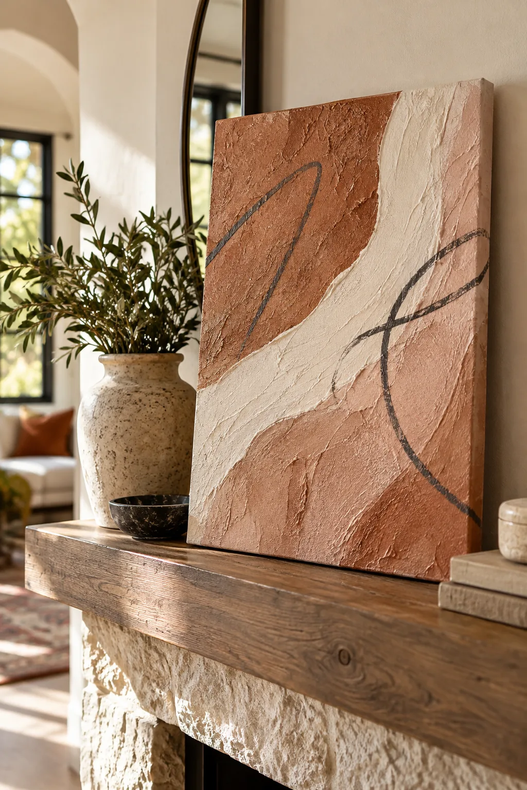 Close-up of a crisp cream paint band scraped over rough terracotta texture on a canvas.