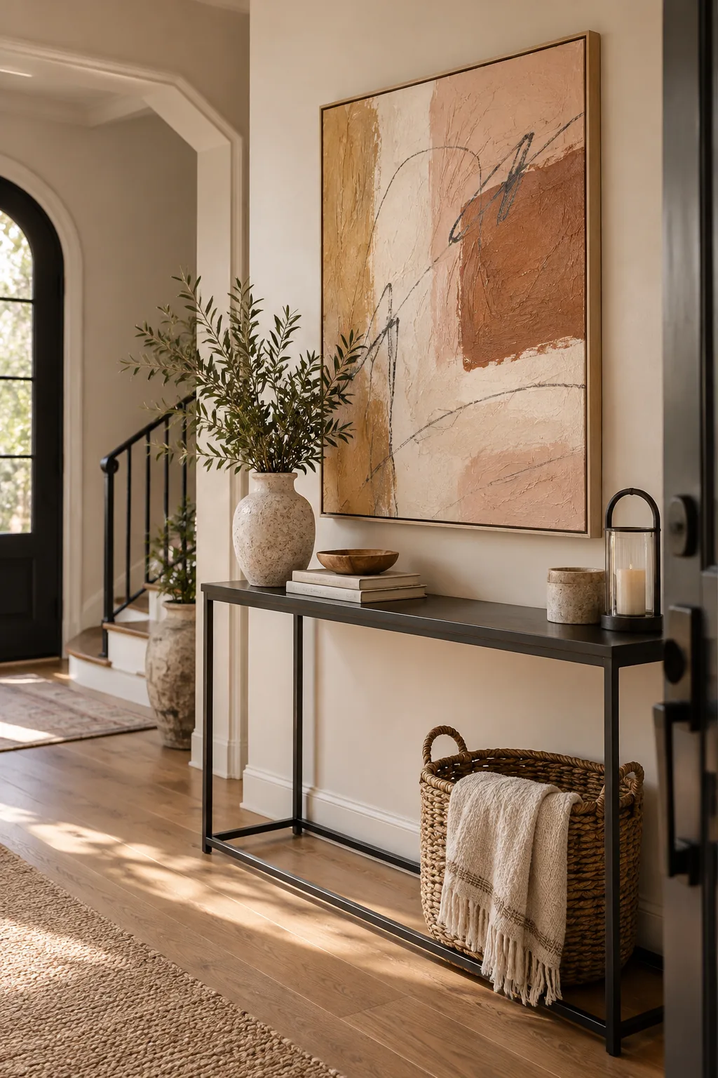 Abstract canvas with charcoal scribbles hanging above a black iron entryway console table.