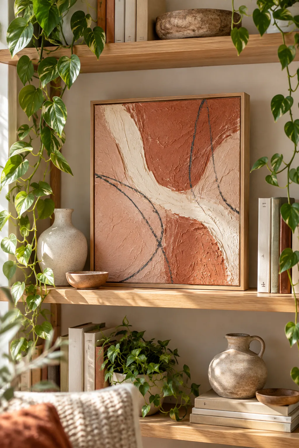 Framed abstract canvas sitting on a styled bookshelf with trailing plants and ceramics.