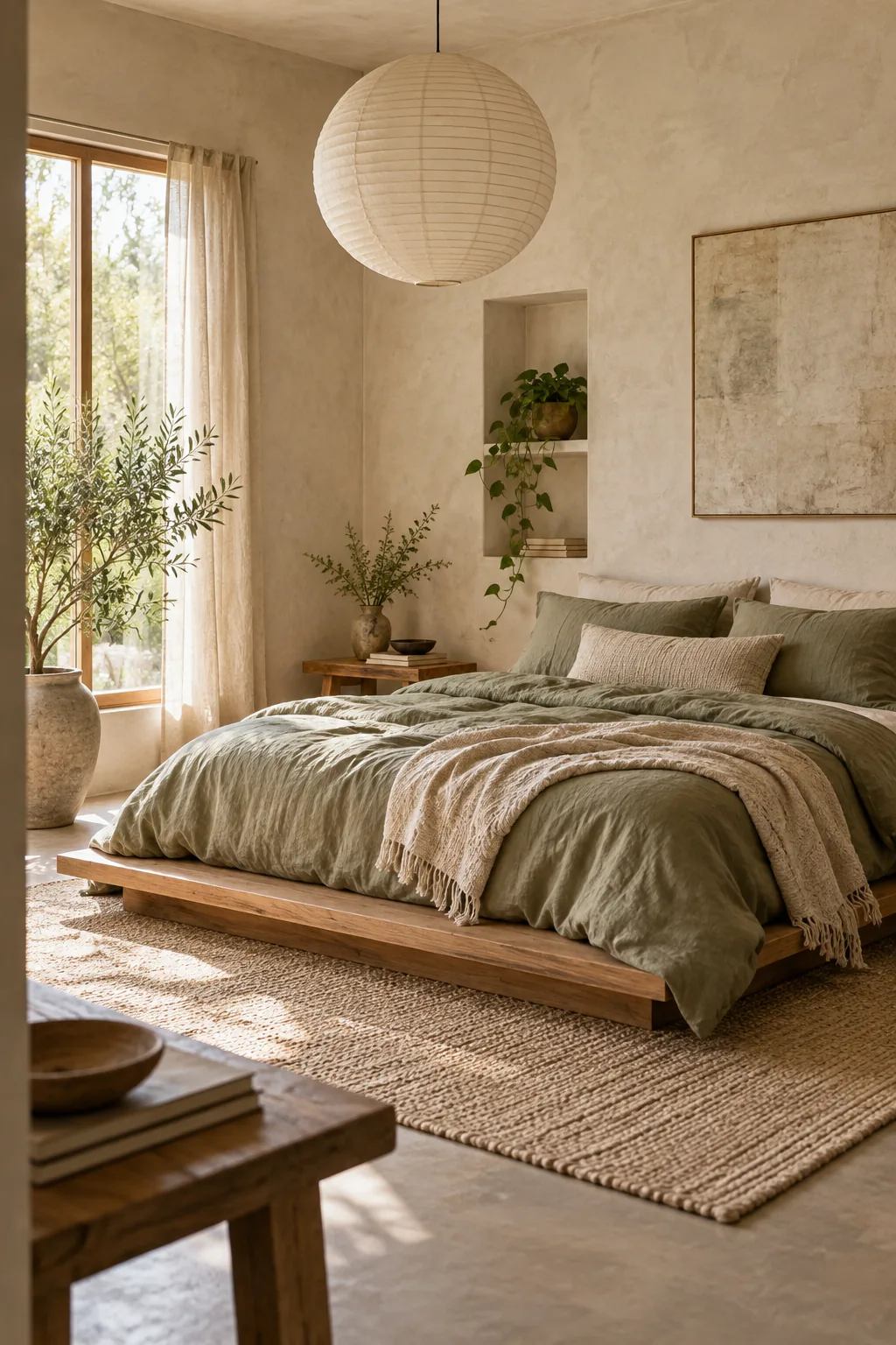 A minimalist wabi-sabi bedroom with a low platform bed and sage green linen sheets.