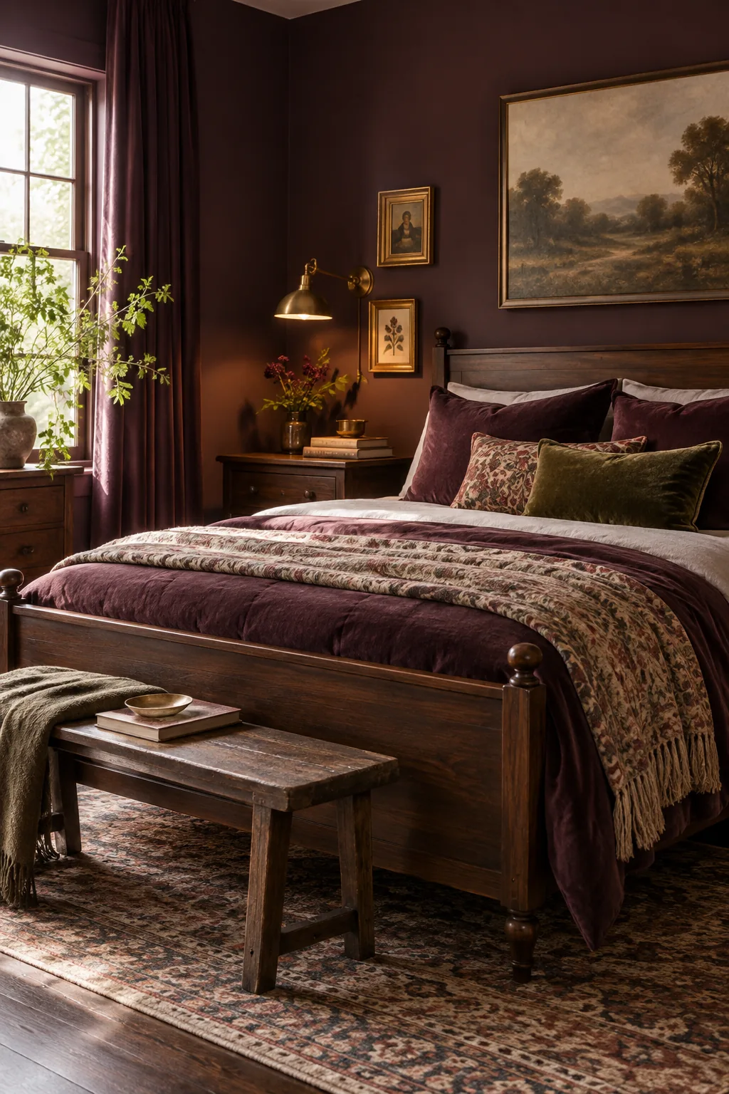 A moody vintage bedroom with plum walls, a dark walnut bed, and velvet accents.
