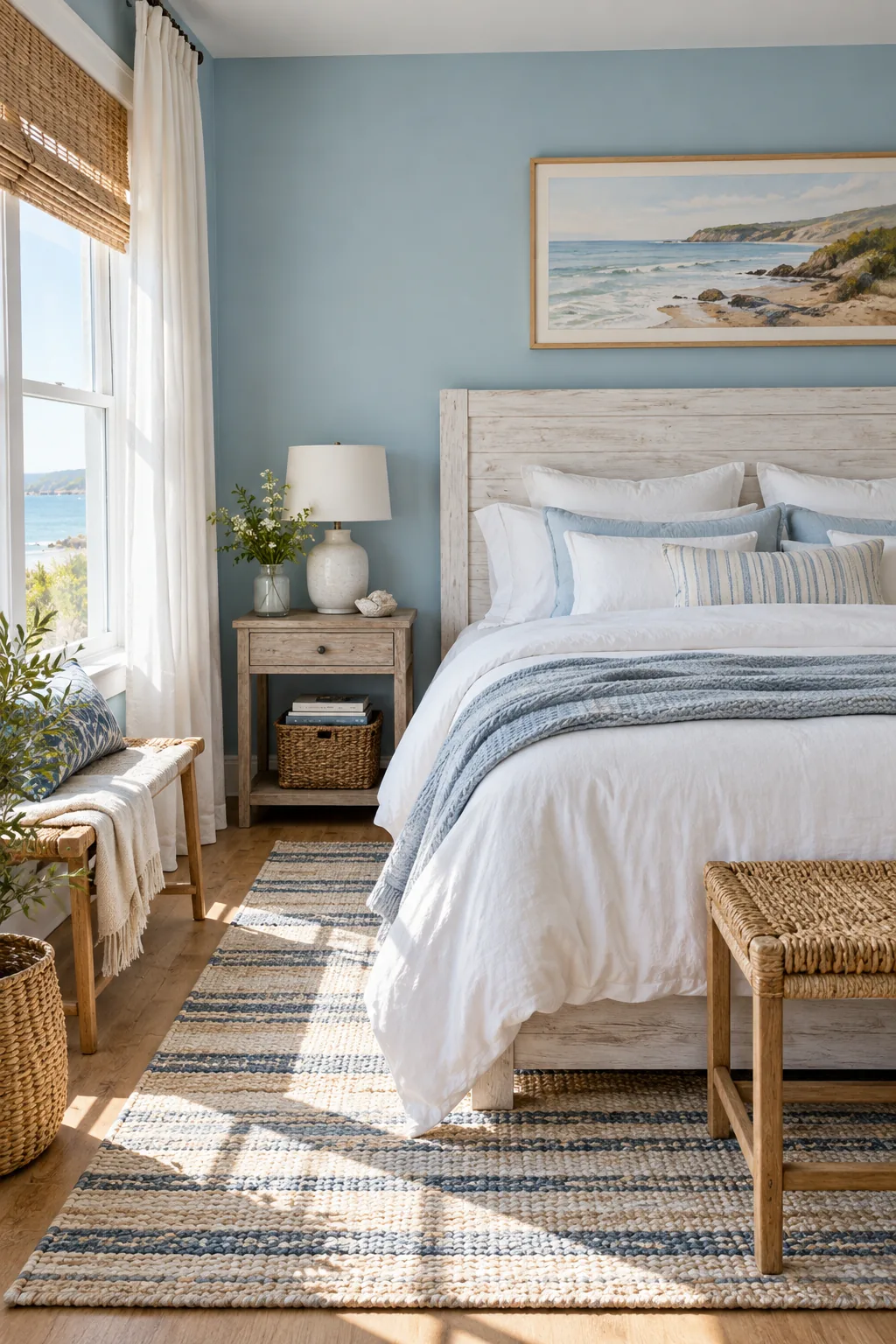 A coastal bedroom with light blue walls, a whitewashed headboard, and crisp white bedding.