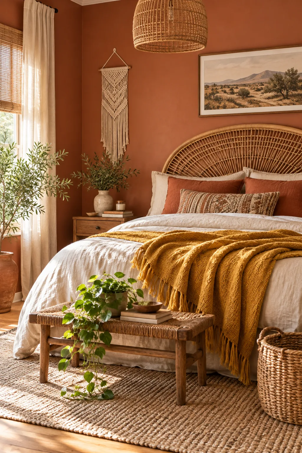 An earthy boho bedroom with terracotta walls, a rattan headboard, and a mustard throw.