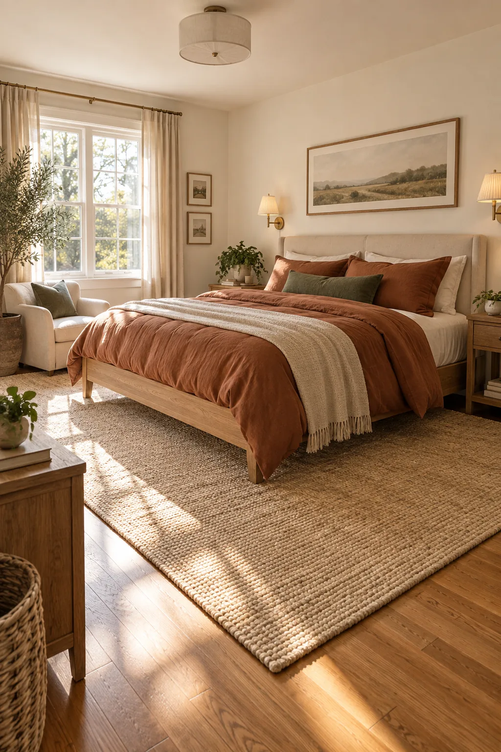 A textured cream jute-wool rug extending out from beneath an oak bed frame onto a warm hardwood floor.