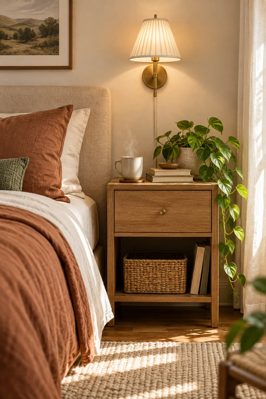 An oak nightstand styled with a steaming mug, stacked books, and a trailing green plant next to a bed.