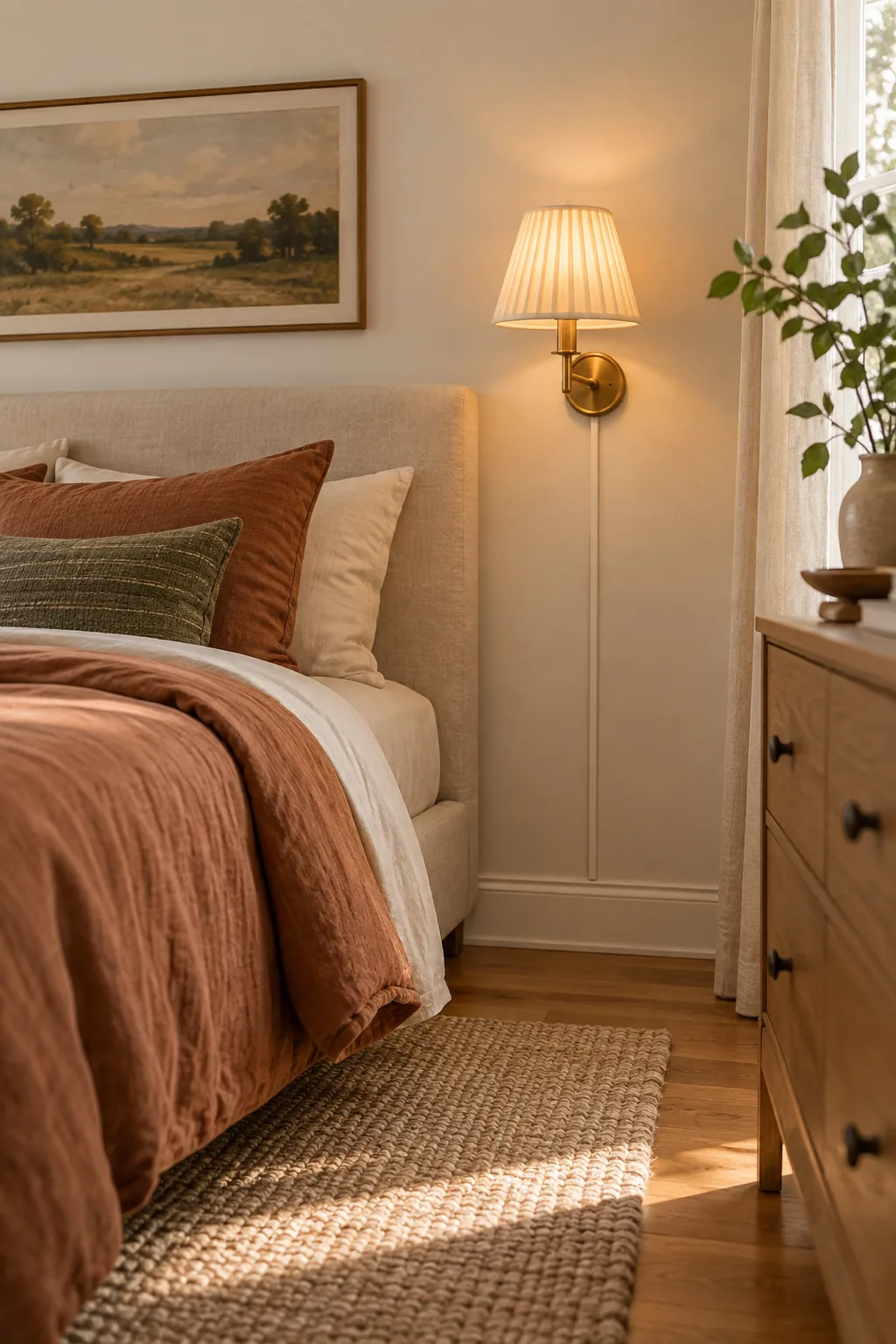 A brass wall sconce with a pleated linen shade casting a warm glow on a cream bedroom wall.