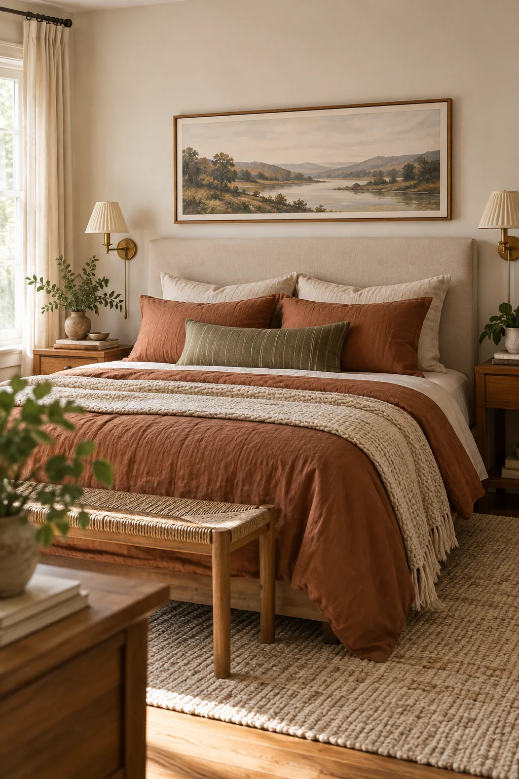 A wide, framed landscape art print hanging perfectly centered above a beige upholstered headboard.