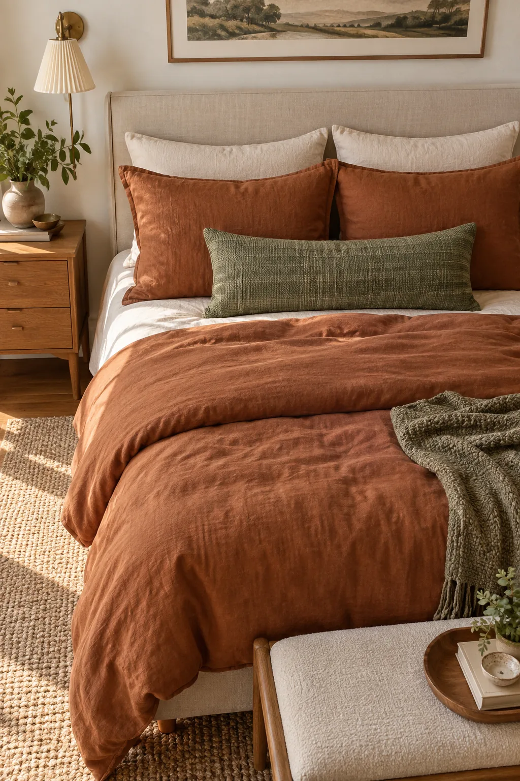 A layered arrangement of rust linen pillows and a green textured lumbar pillow on a bed.