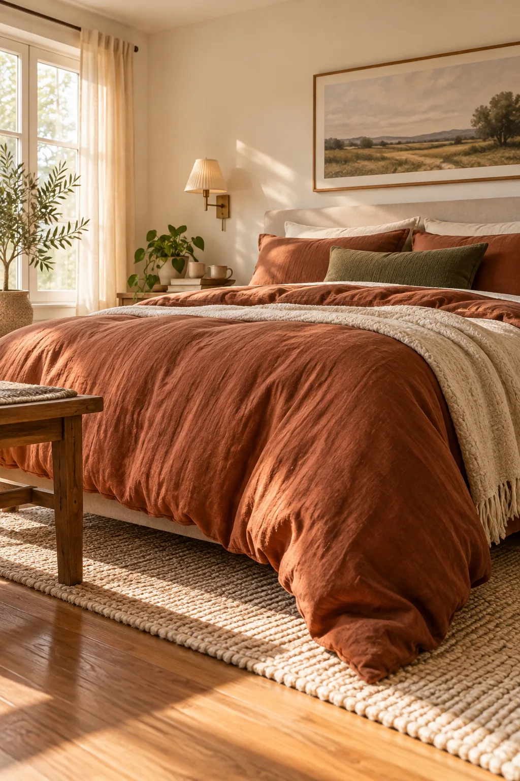 A thick, plump rust linen duvet billowing heavily over the side of a mattress.