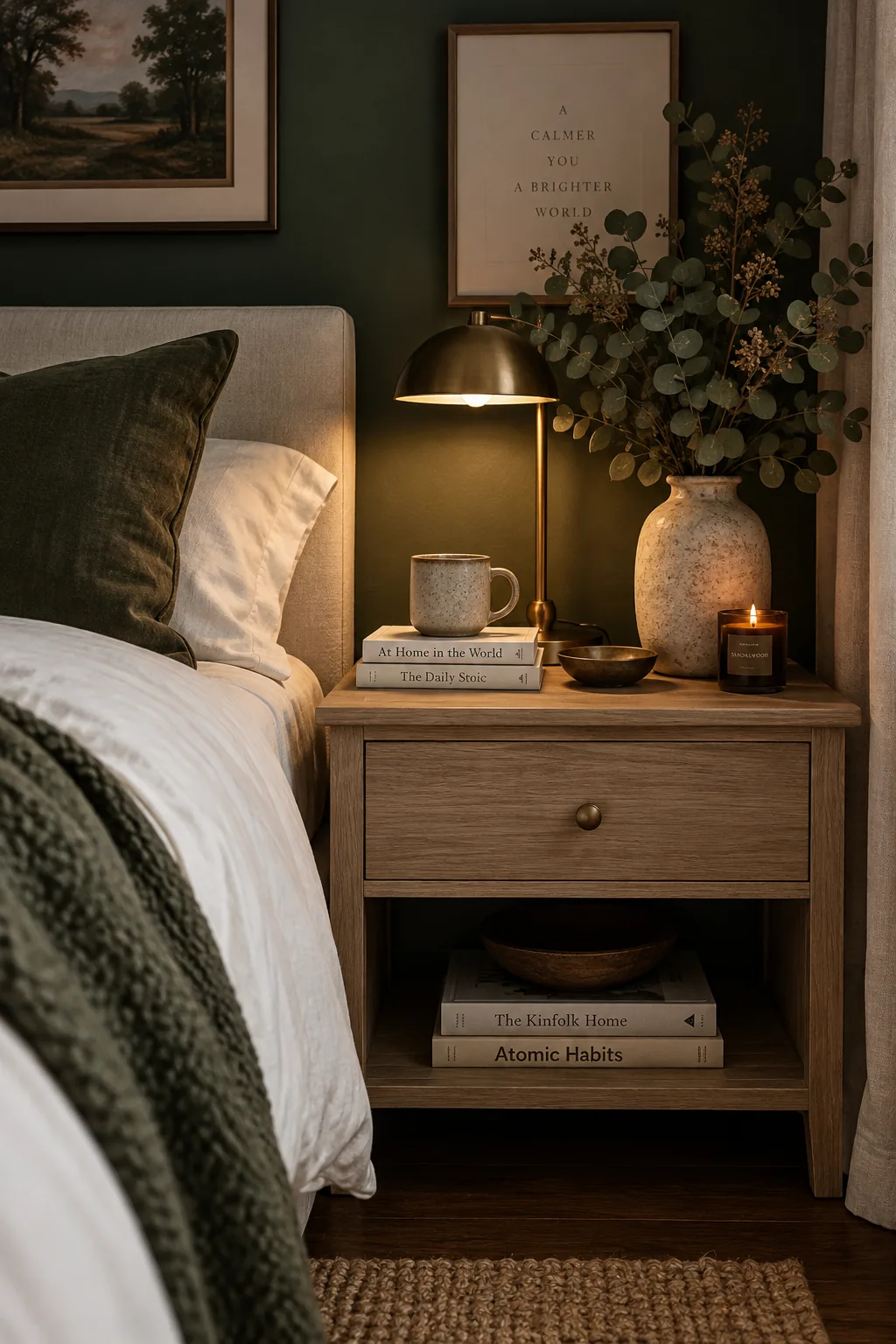 A bedroom with dark charcoal walls, light oak nightstands, and crisp white bedding