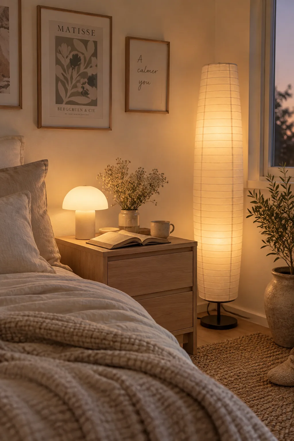 A bedroom corner featuring a paper floor lamp and a small mushroom lamp on a nightstand