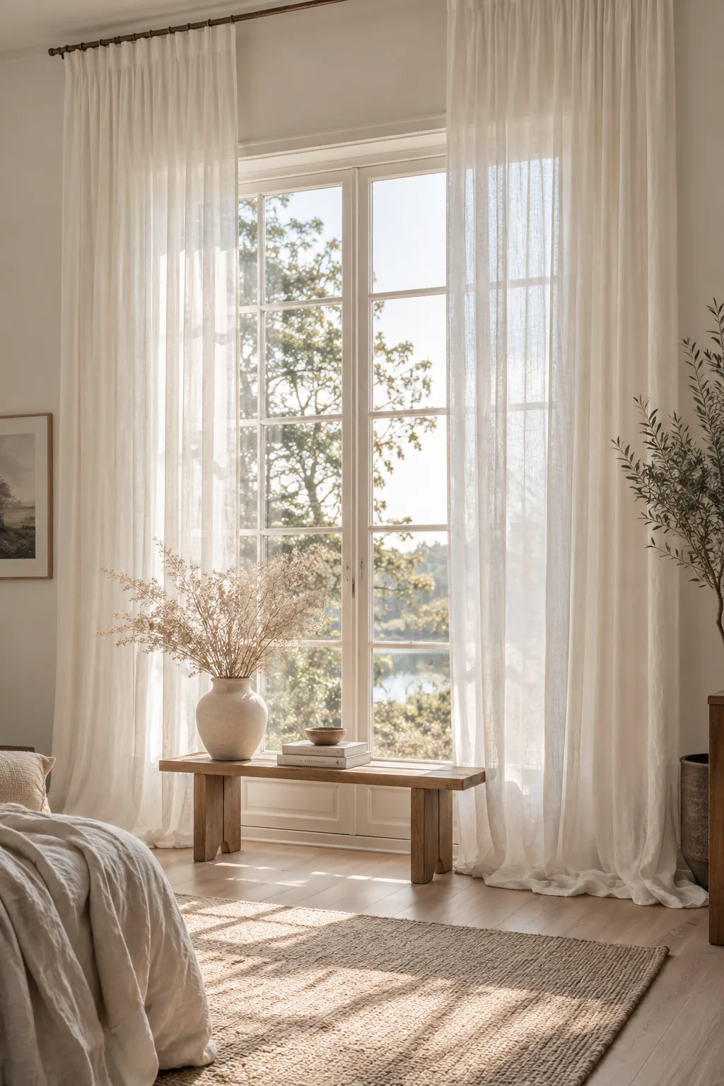 Sheer linen curtains hung high above a bedroom window, puddling on the floor