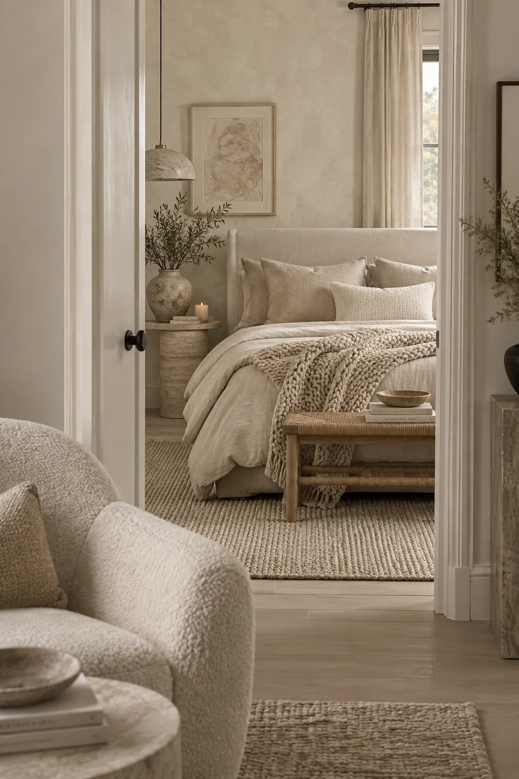 A bedroom styled entirely in neutral tones with chunky knits and linen textures