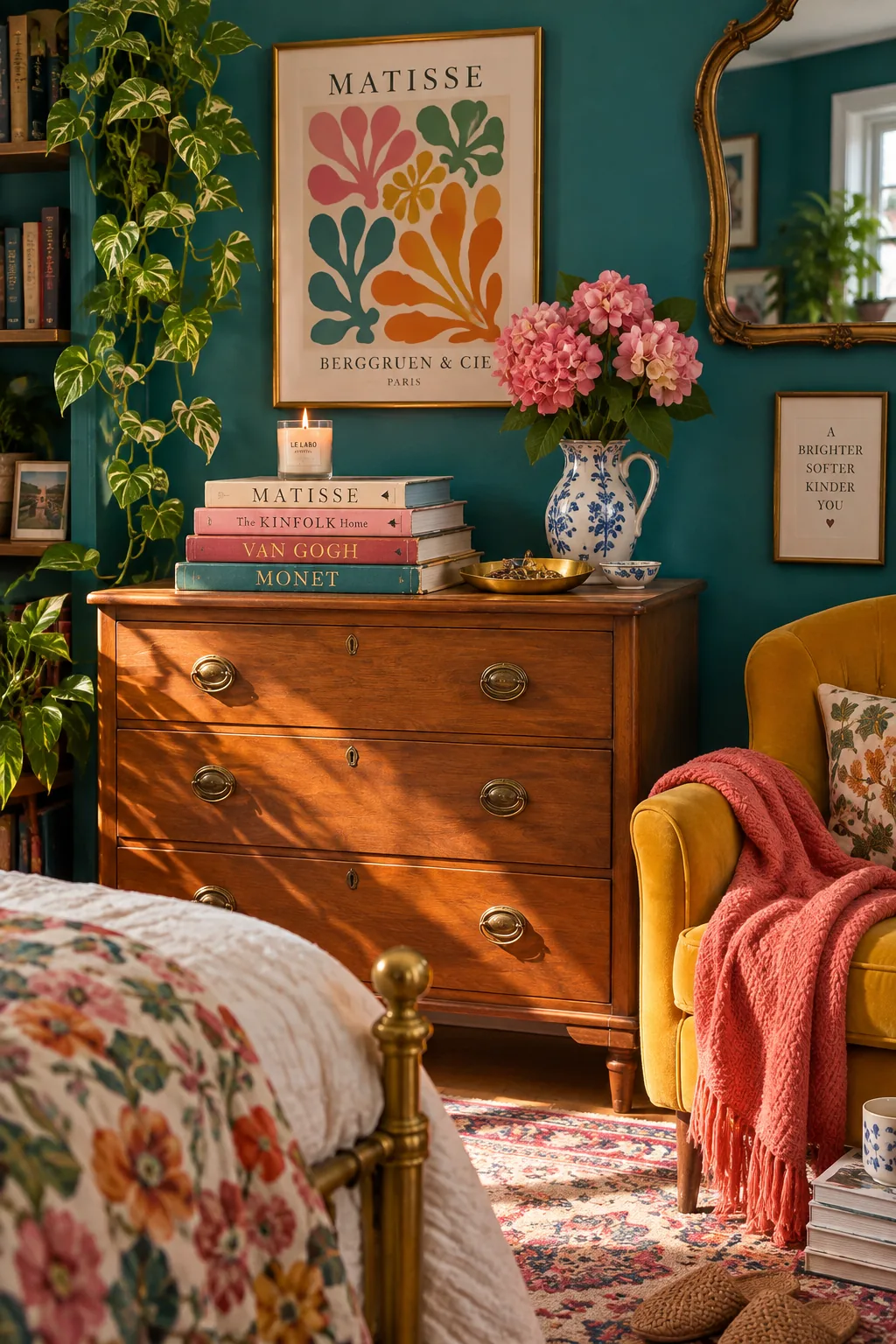 A stack of vintage art books on a wooden dresser topped with a candle