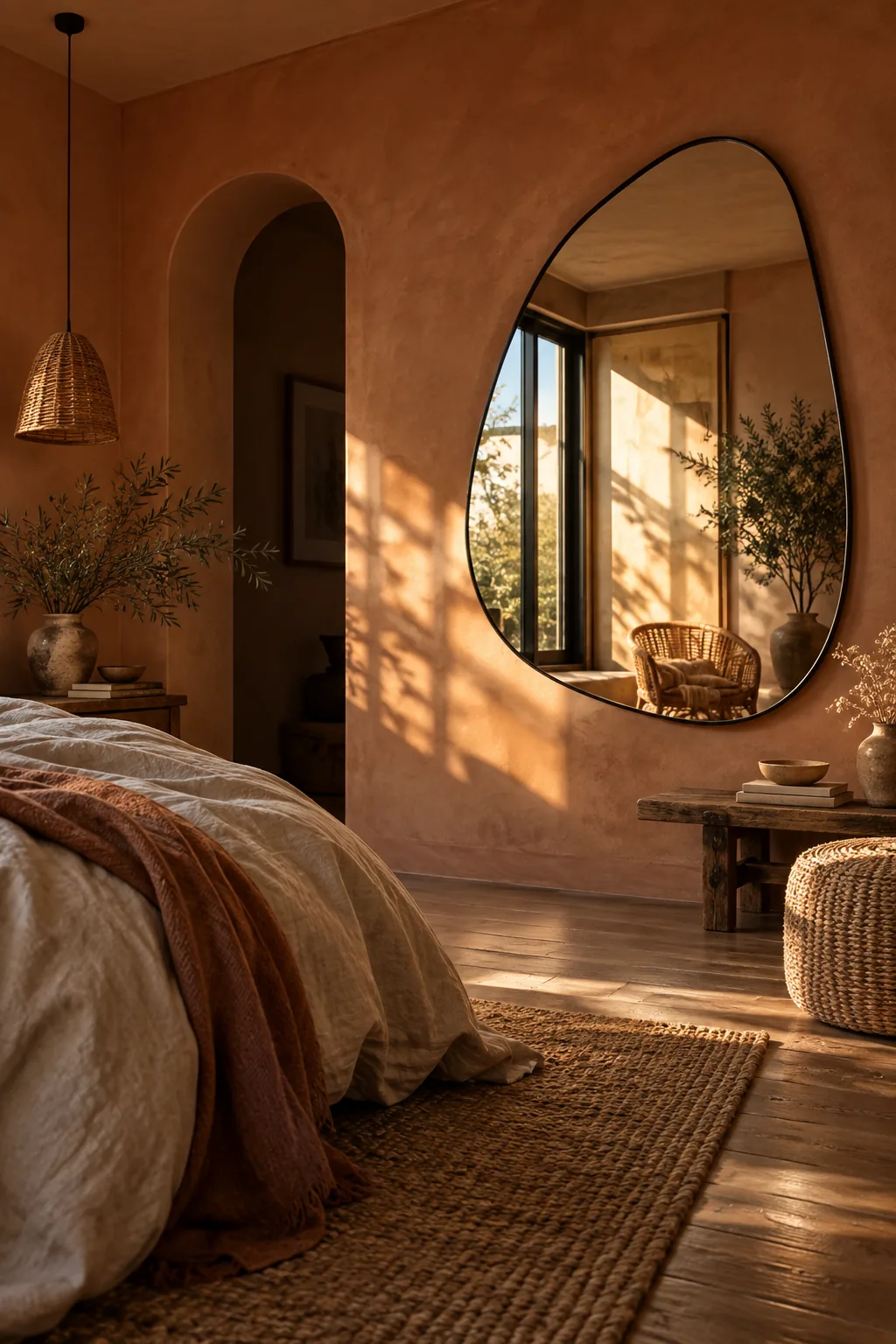 An oversized asymmetrical mirror with a brass frame hanging on a bedroom wall