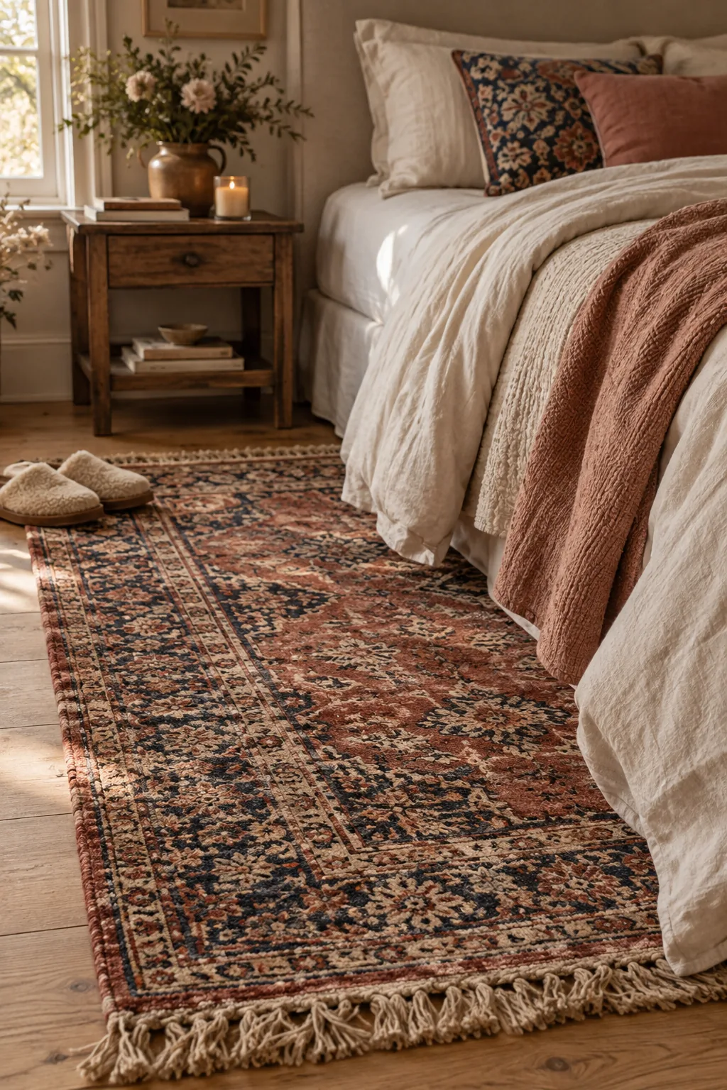 A faded vintage Turkish rug layered under a cozy bed with white linens