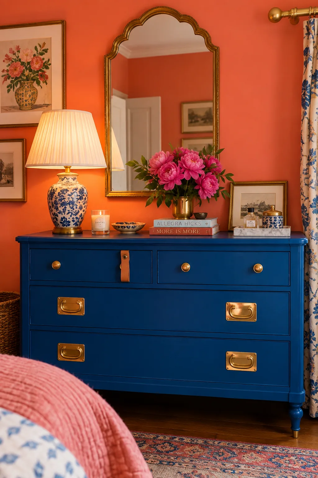 Close up of heavy brass drawer pulls on a painted bedroom dresser
