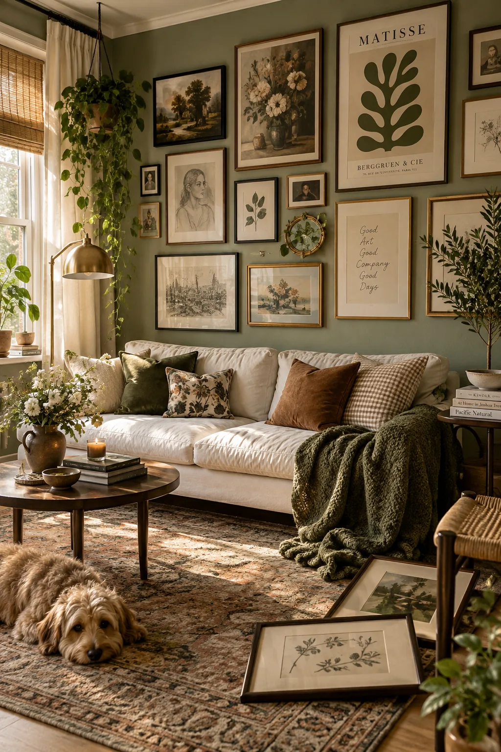 A curated gallery wall featuring mixed frames, photography, and line art