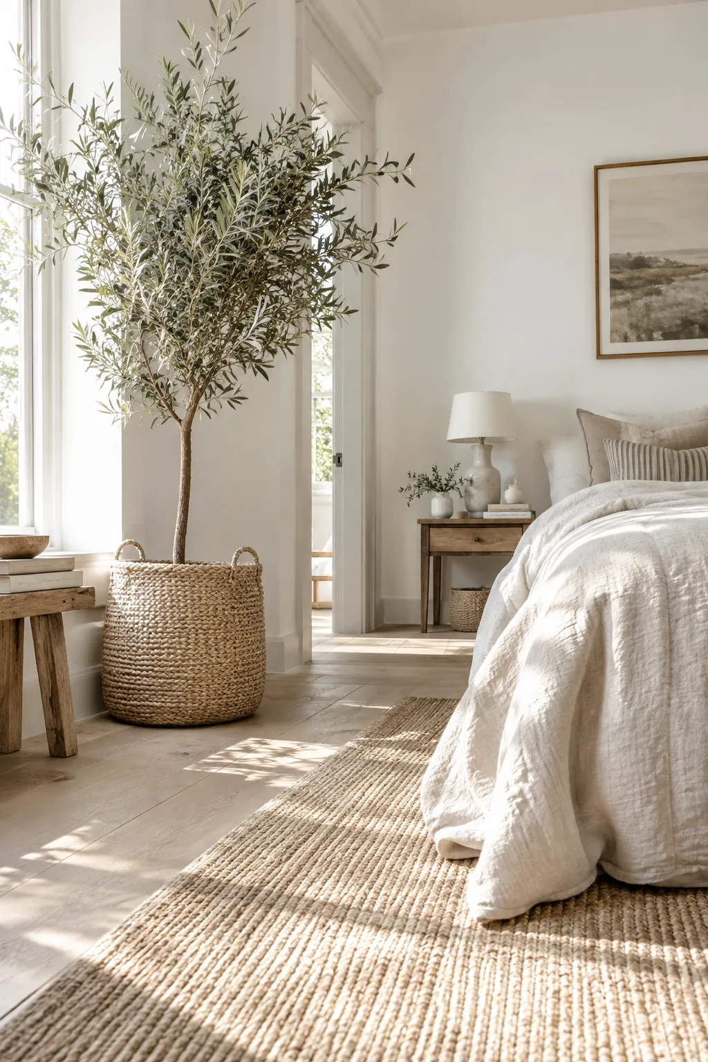 A tall faux olive tree in a woven seagrass basket sitting in a bedroom corner