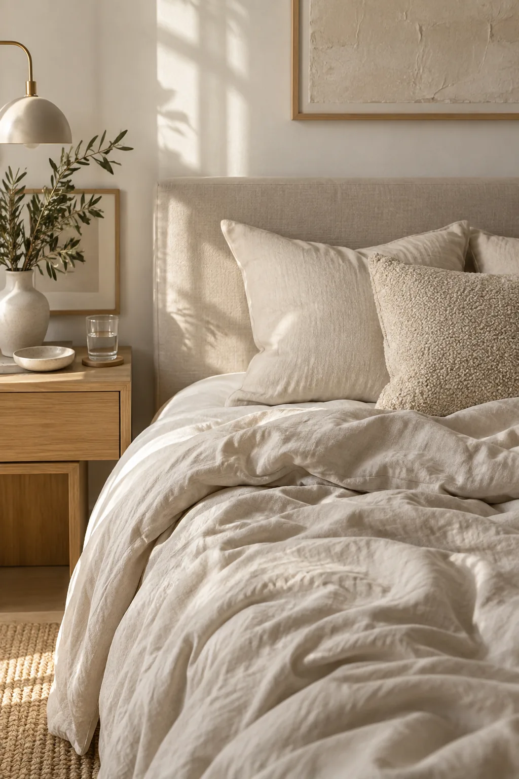 A messy but styled bed featuring a crumpled linen duvet and textured pillows