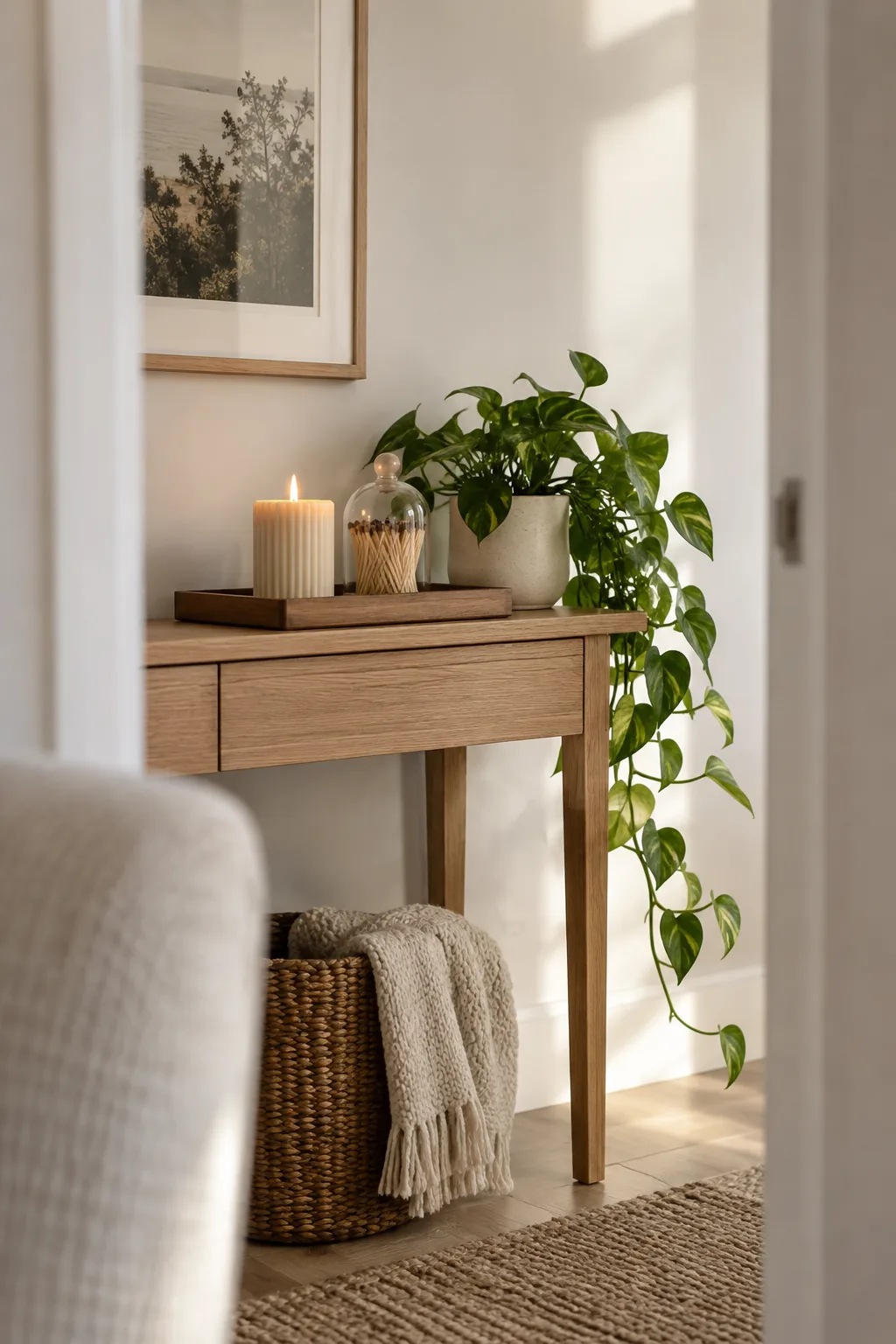 A wooden tray styled with a ribbed candle, a match cloche, and a small plant