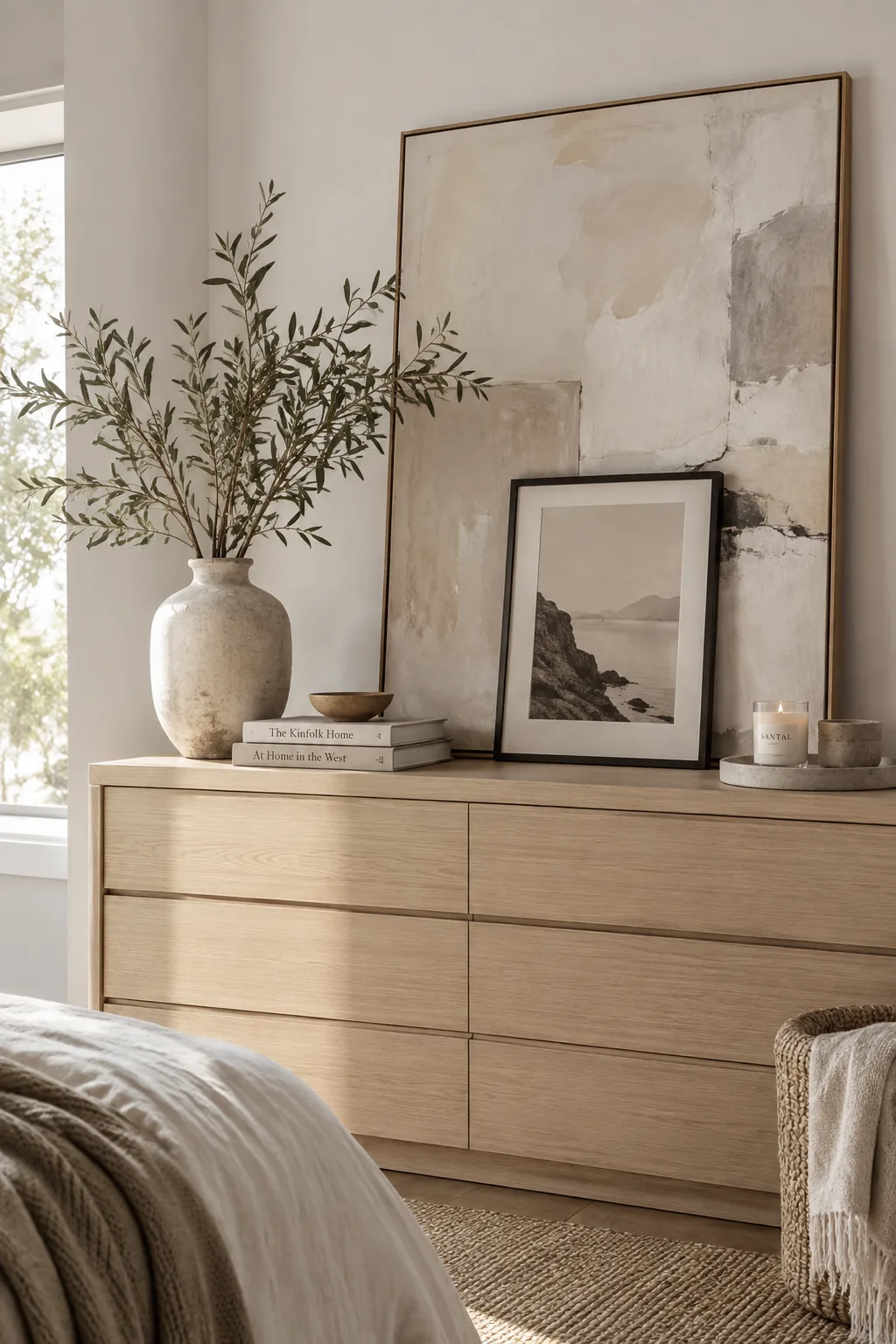 Two framed art prints leaning against the wall on a wooden dresser, slightly overlapping