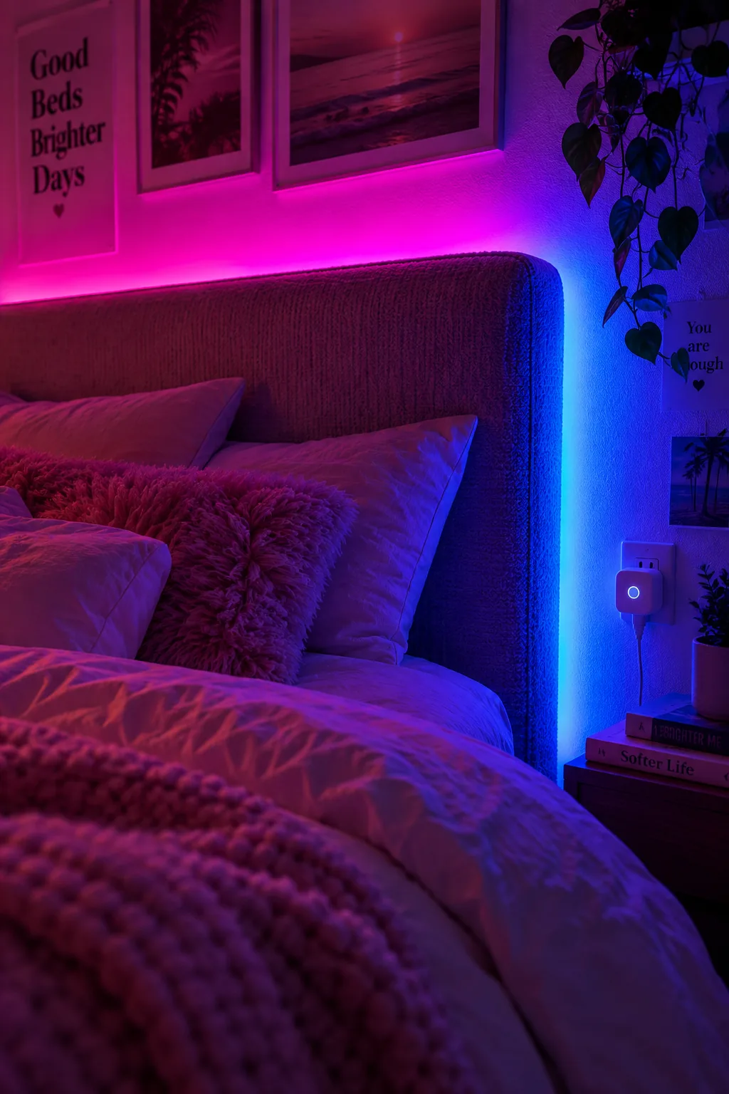 A bed with soft ambient LED strip lights glowing from behind the headboard