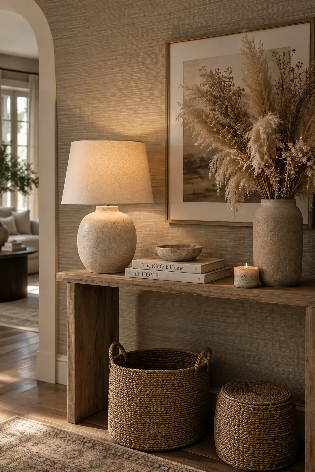 A bedroom accent wall covered in a subtle, monochromatic grasscloth wallpaper