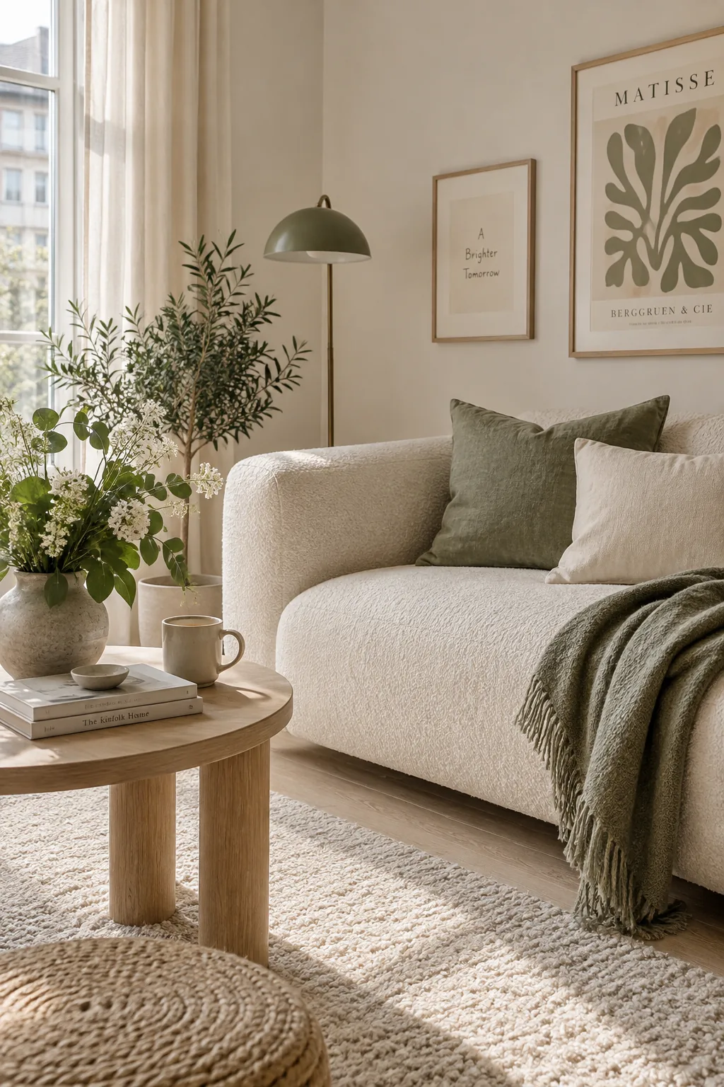 Living room with a sofa pulled slightly away from the white wall