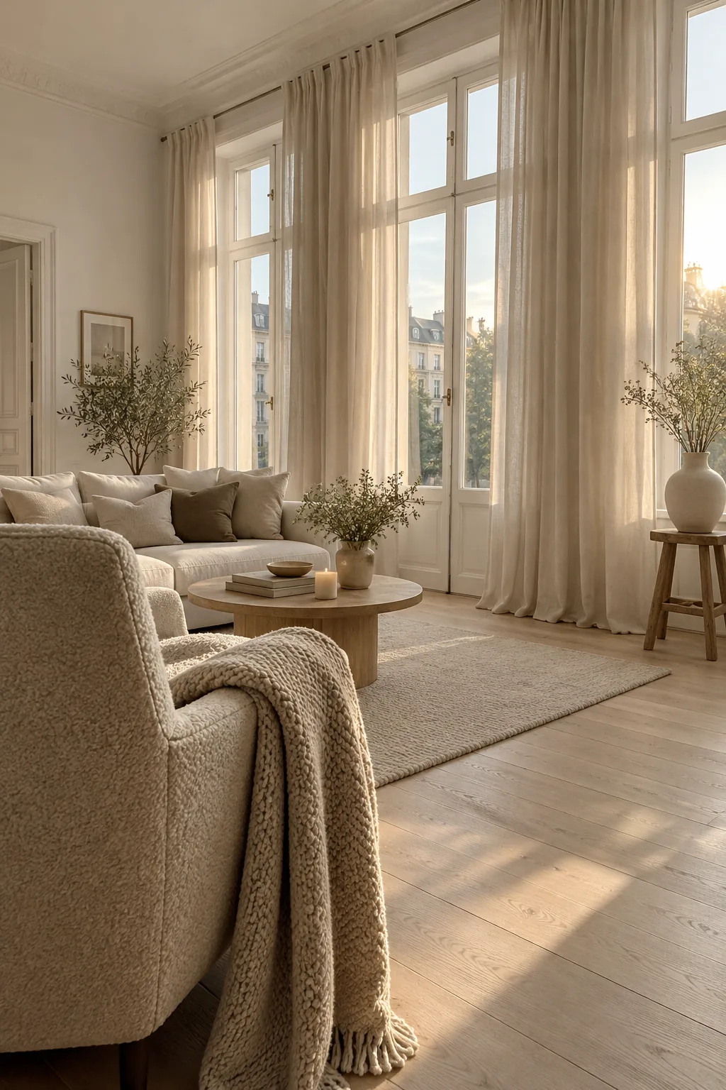 Floor-to-ceiling curtains hung high above a living room window