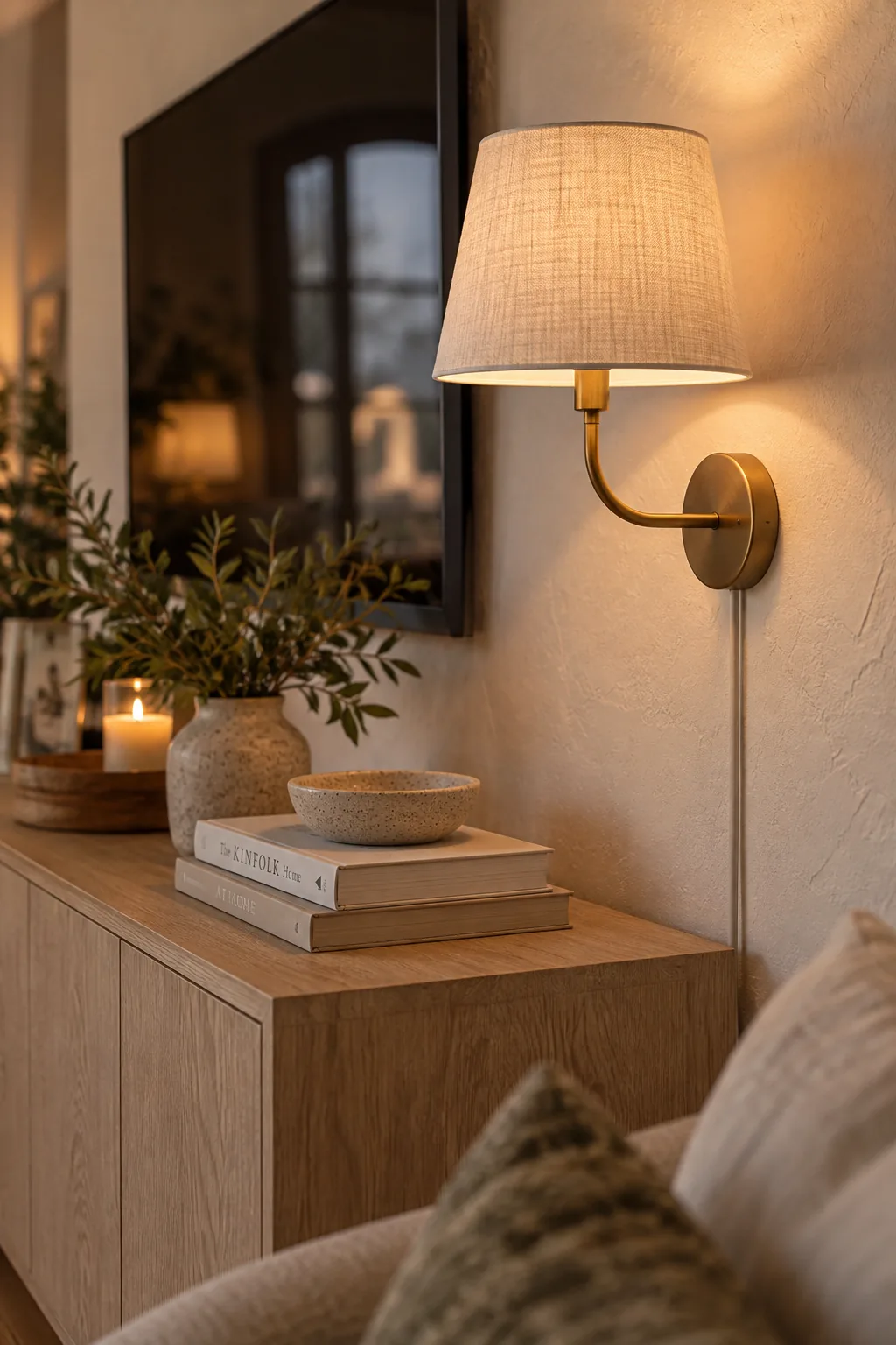 Brass plug-in sconces mounted on the wall above a media console
