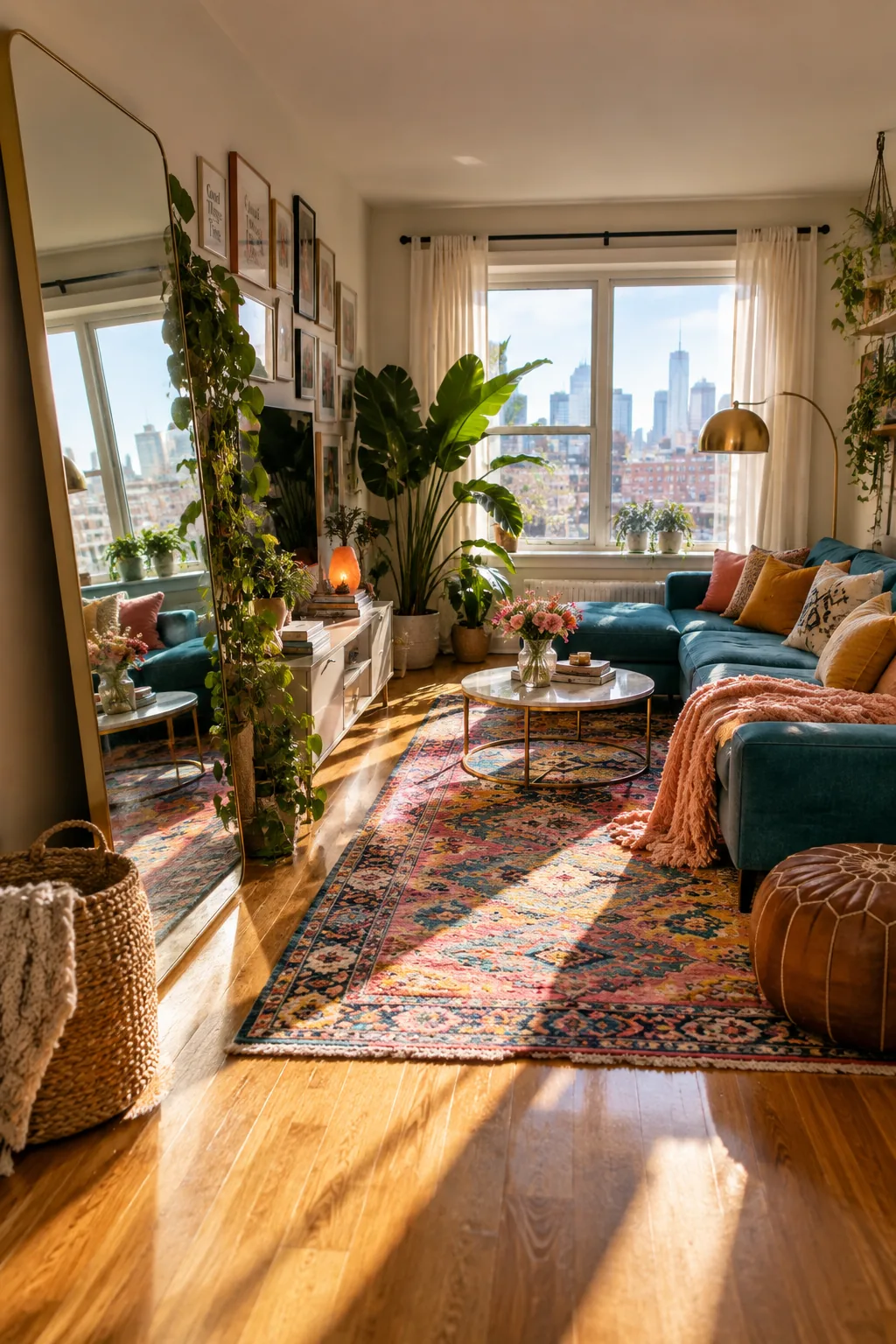 Large arched mirror leaning against an apartment living room wall
