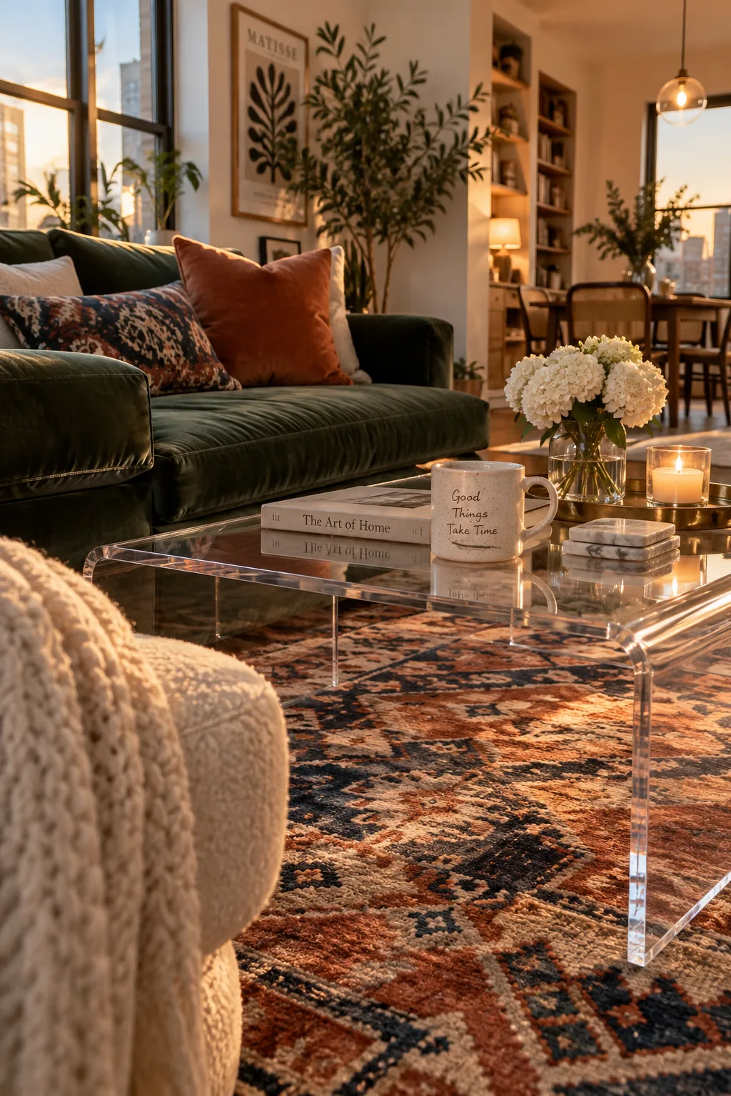 Clear acrylic coffee table on top of a vintage patterned rug