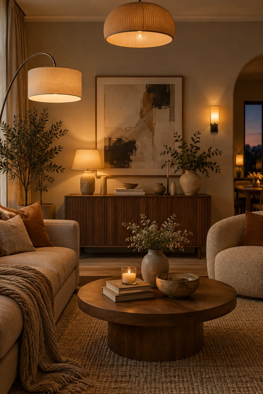 Living room lit by a mix of floor lamps and table lamps