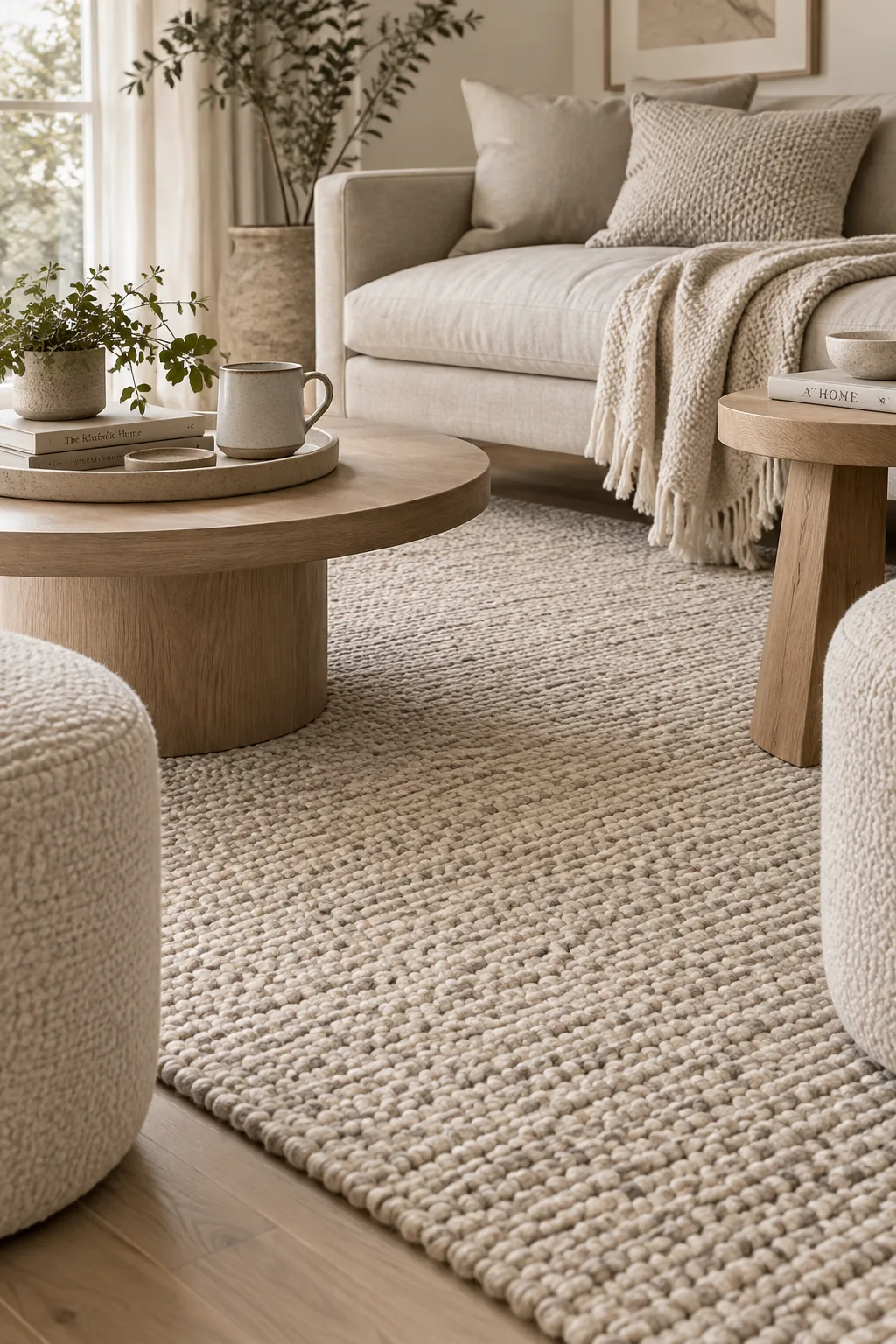 Living room furniture sitting completely on top of a large area rug
