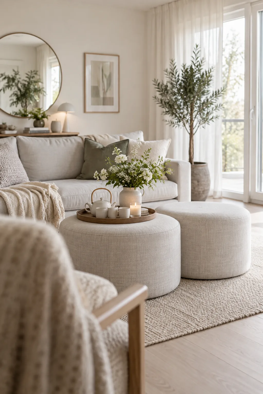 Two round fabric ottomans acting as a coffee table