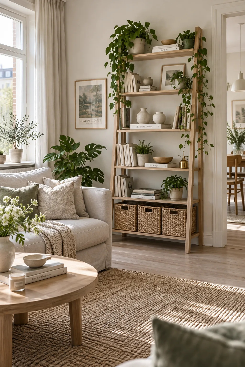 Tall leaning bookshelf styled with books, plants, and storage boxes