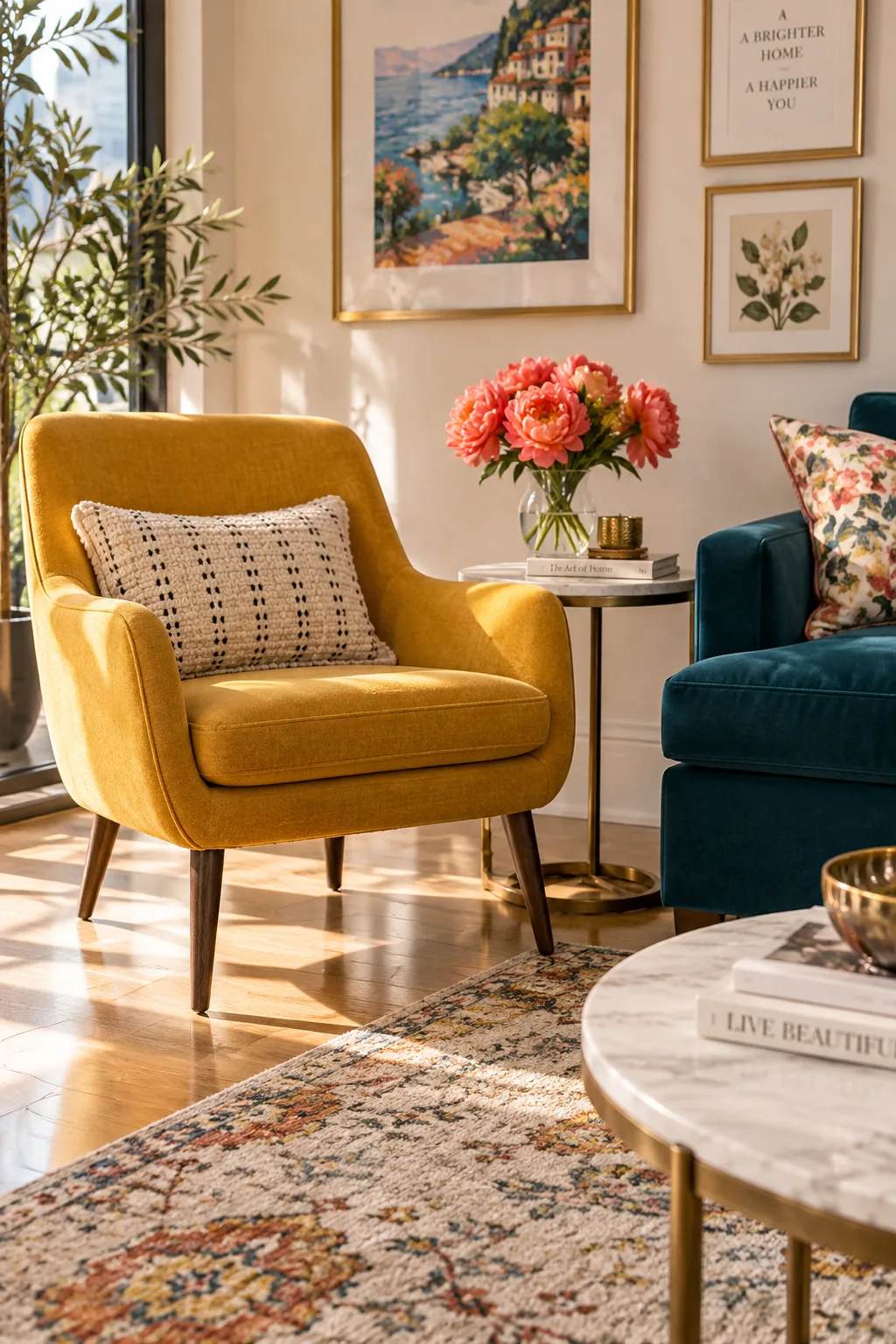 Modern sofa paired with a lightweight wood-framed accent chair