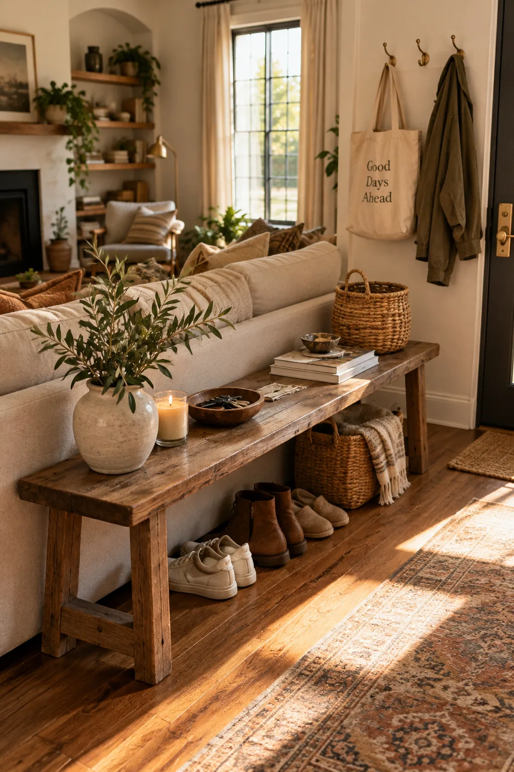 Narrow wooden bench placed directly behind a living room sofa