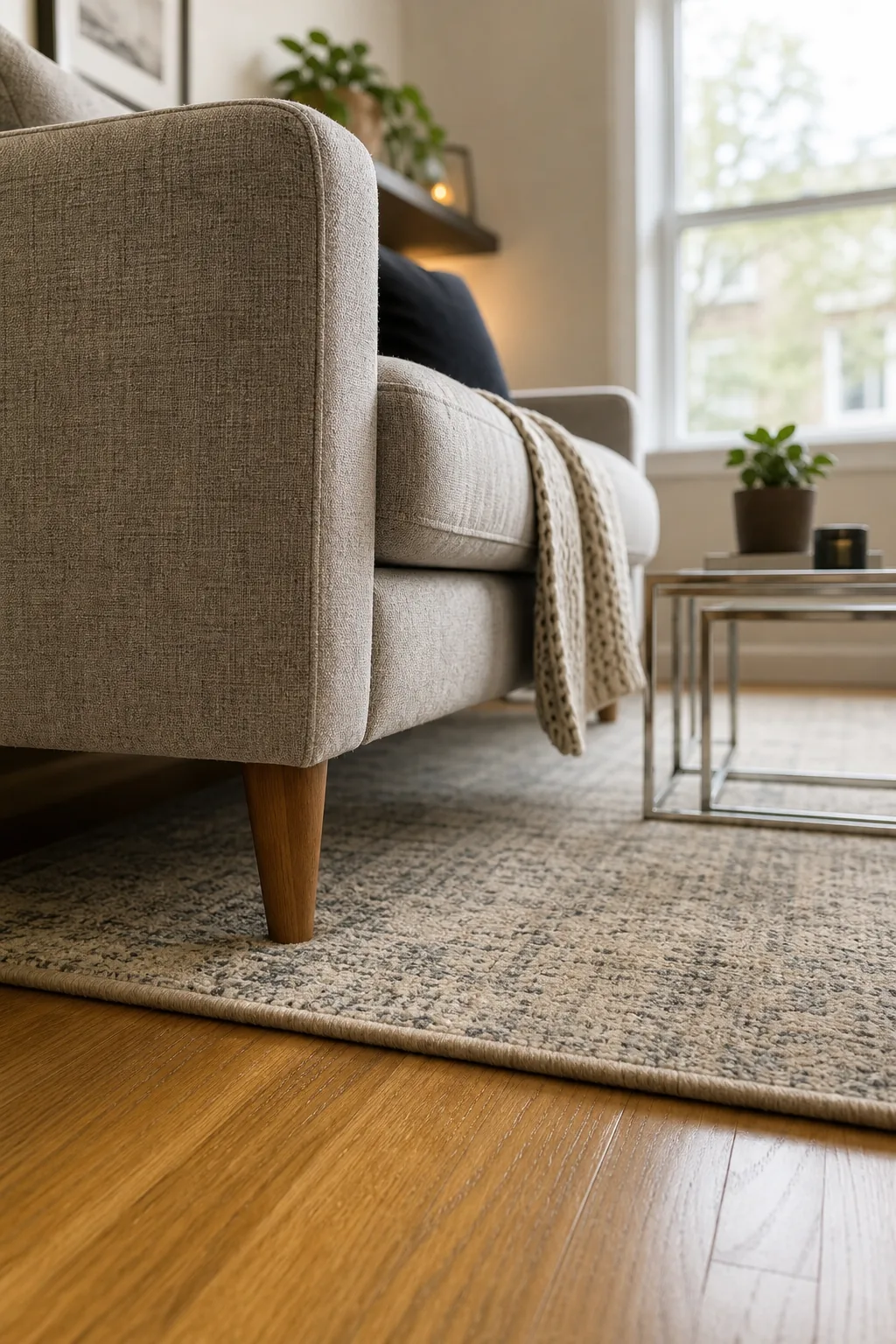 Wooden sofa legs resting on the edge of a textured gray area rug over a hardwood floor.
