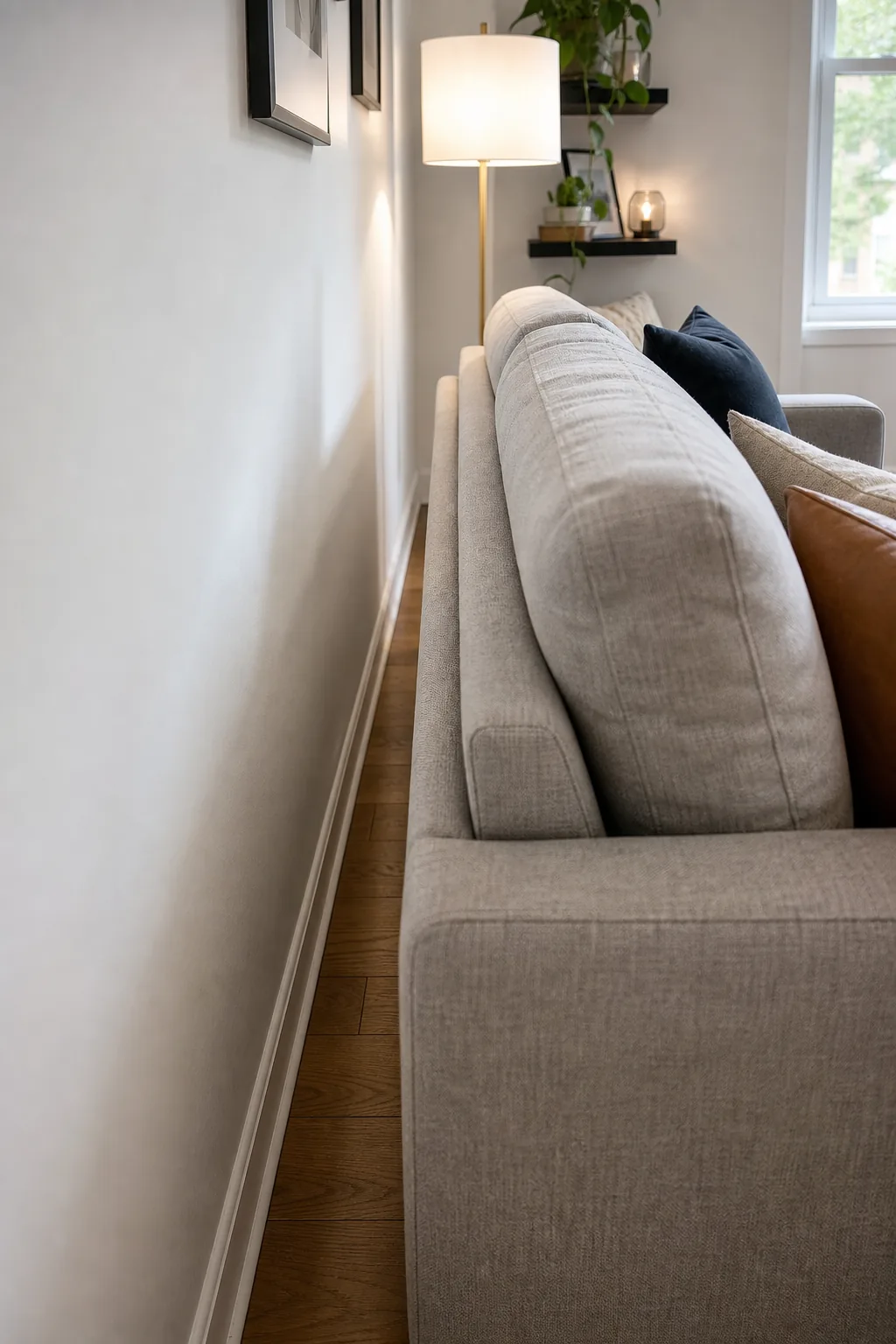 A four-inch gap between a light gray fabric sofa back and a white living room wall.