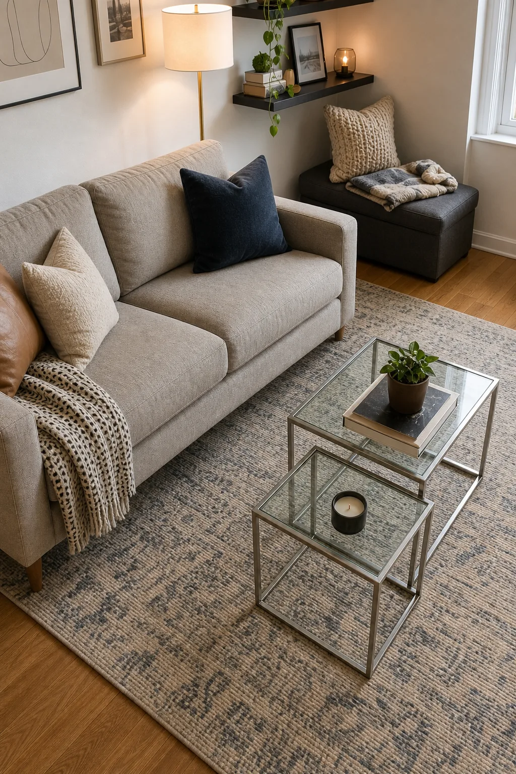 Empty floor space measured out between a gray sofa seat cushion and a glass-topped metal coffee table.
