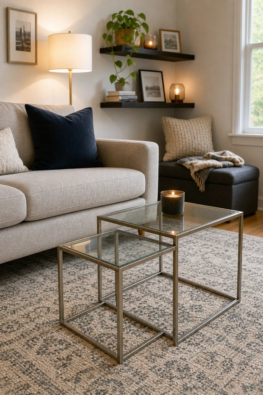 Wireframe nesting tables with glass tops showing the patterned rug underneath.