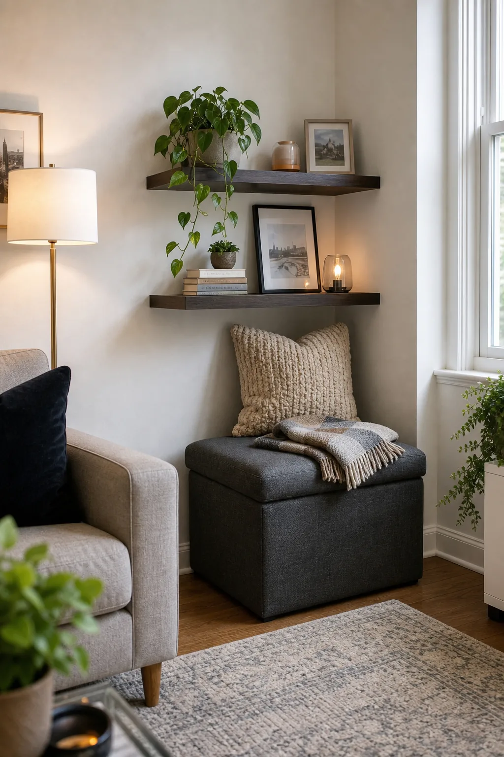 A dark gray storage ottoman tucked neatly beneath two styled floating wood shelves in a corner.