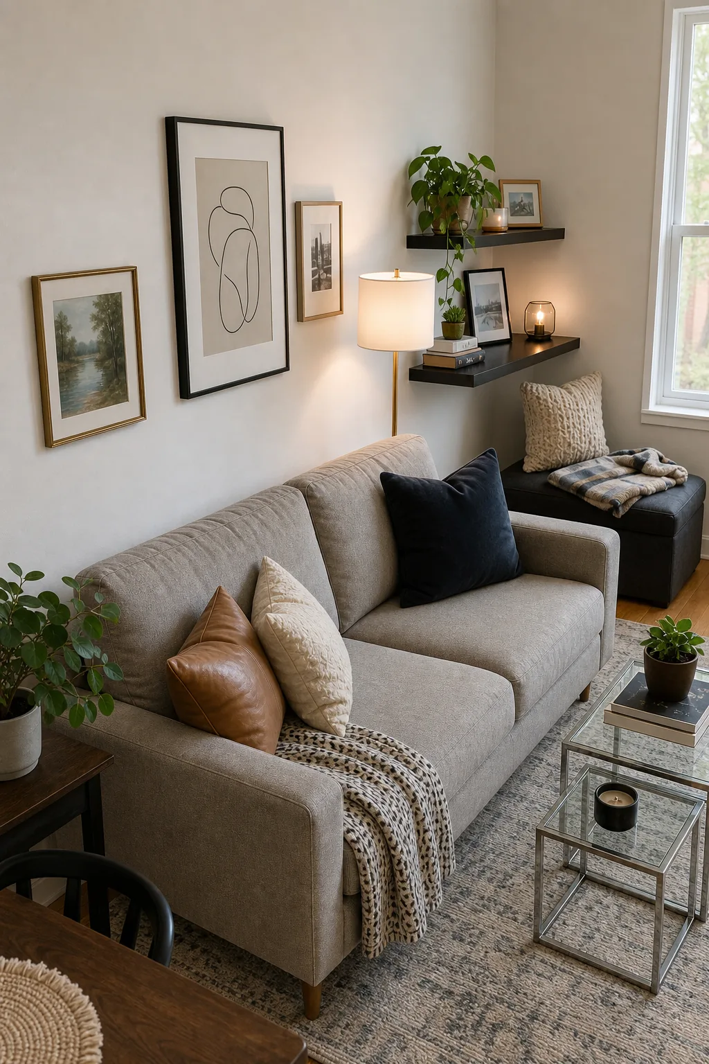 Framed line art and staggered floating shelves mounted above a low-profile gray sofa.