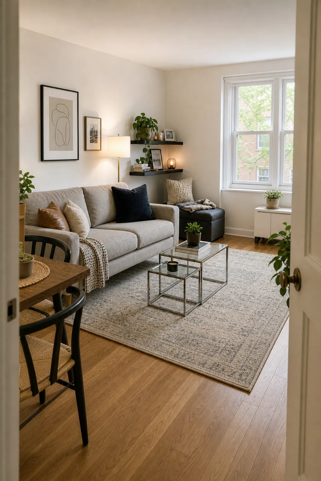 A fully arranged small living room with a sofa, glass tables, and clear walkways.