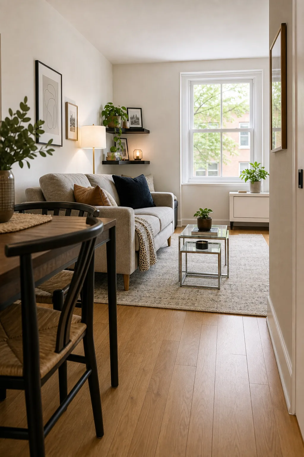 A clear walking path between a dark wood dining chair and a sunlit living room window.