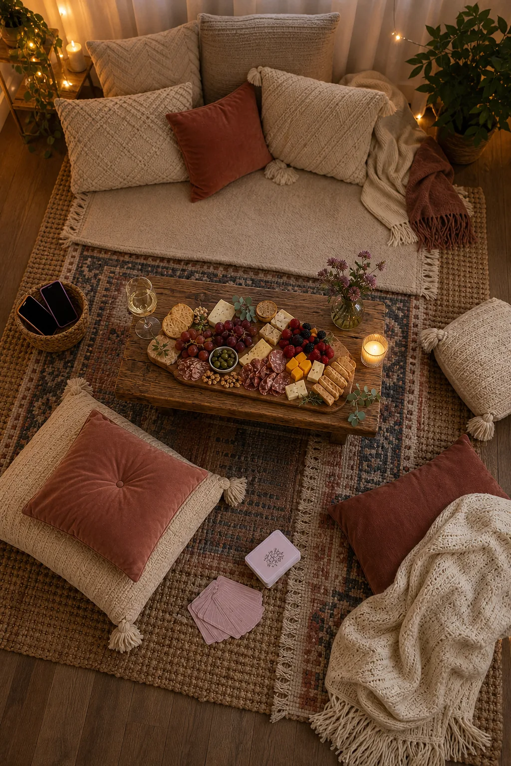Overhead view of a low wooden coffee table set with a charcuterie board and wine glasses, surrounded by plush floor cushions.