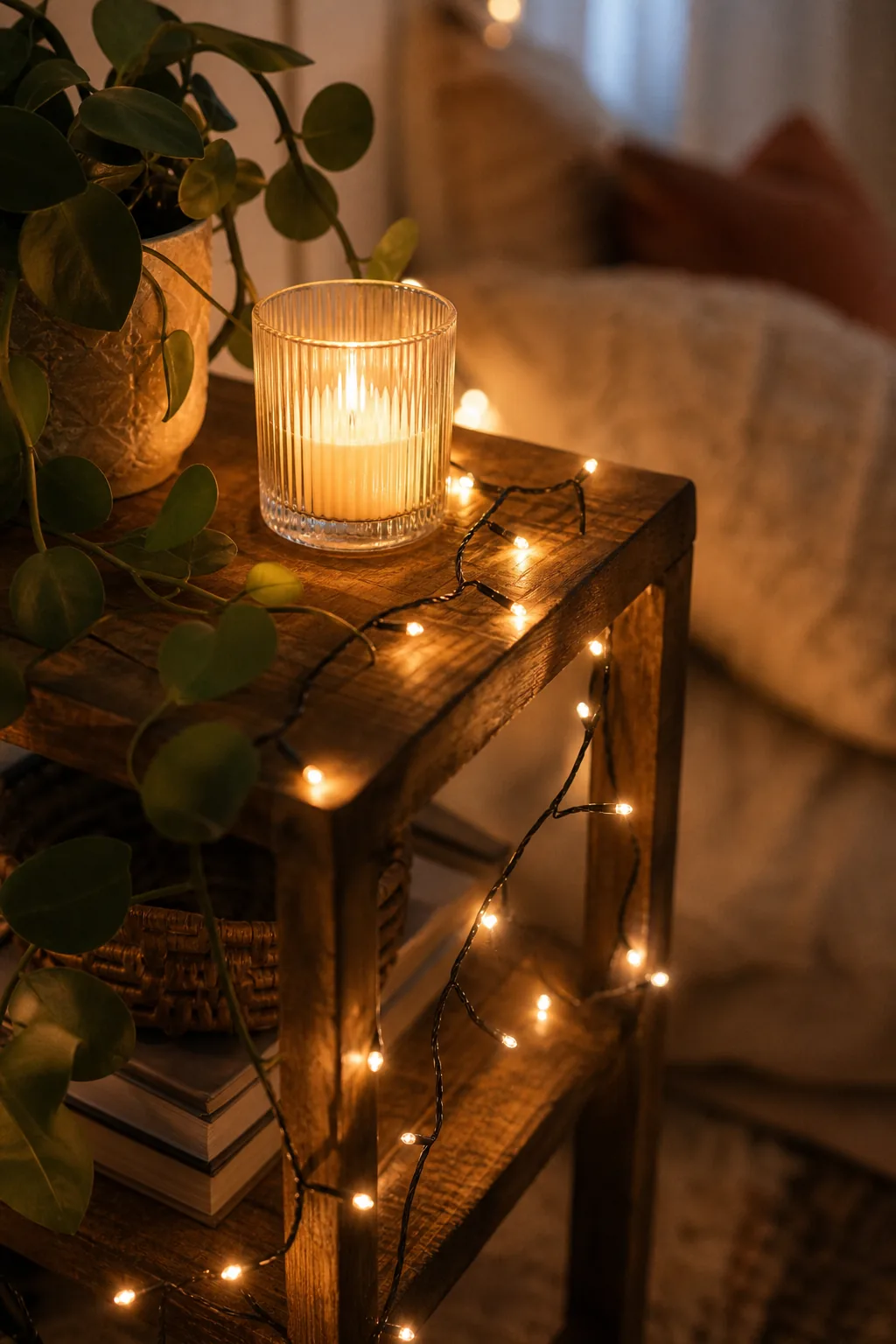 Warm string lights and a glowing ribbed glass pillar candle resting on a wooden side table.